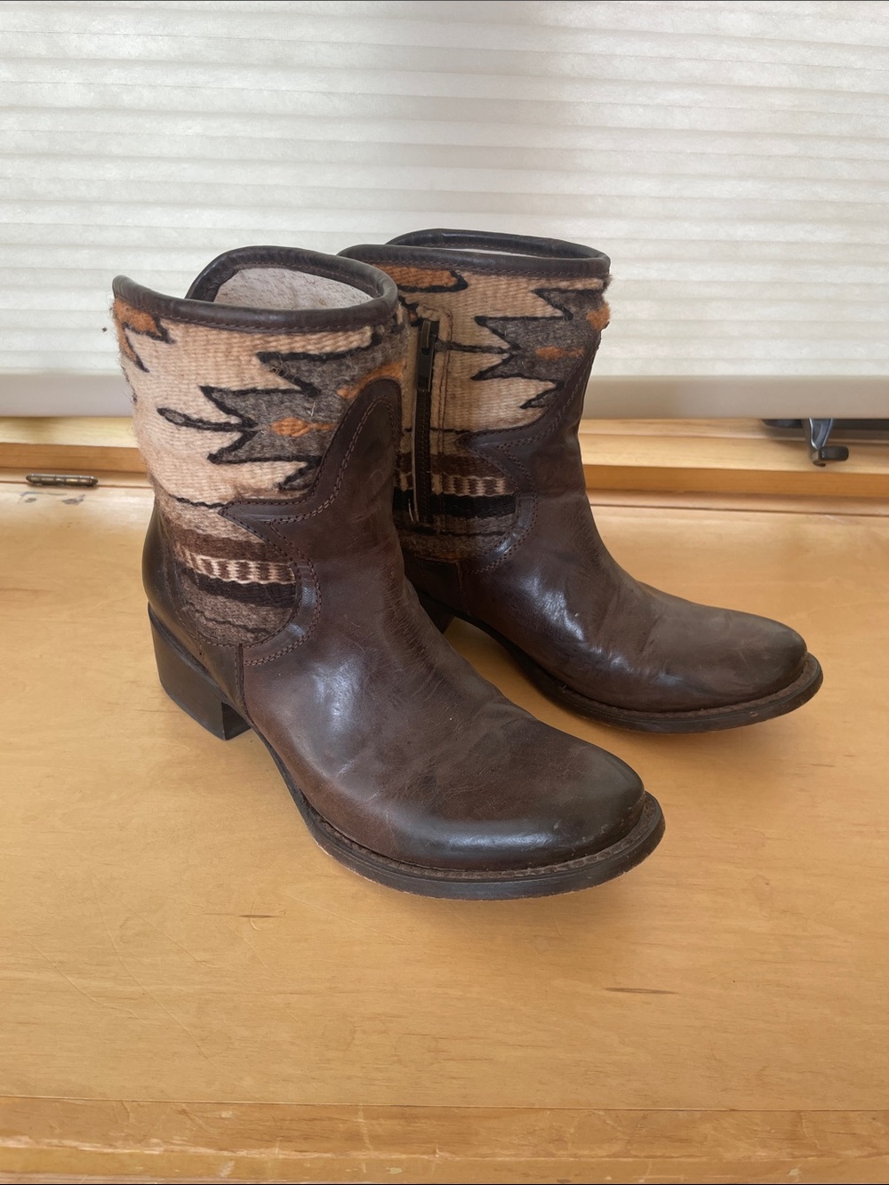 Women’s Brown Leather Western Ankle Boots with Patterned Wool Shaft